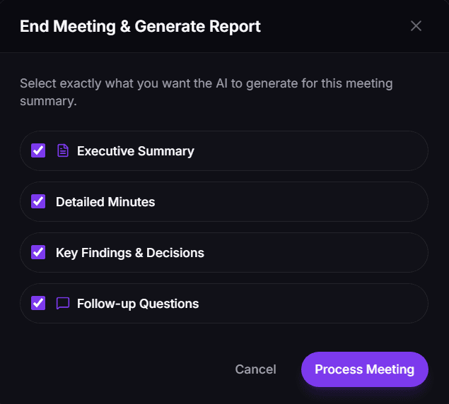 End meeting and generate report dialog with options for Executive Summary, Detailed Minutes, Key Findings, and Follow-up Questions