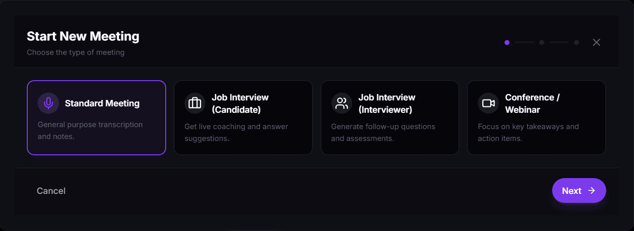 Lilah start new meeting screen with Standard Meeting, Job Interview Candidate, Job Interview Interviewer, and Conference modes